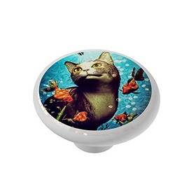 Cat and Fancy Goldfish Gloss Ceramic Drawer Knob