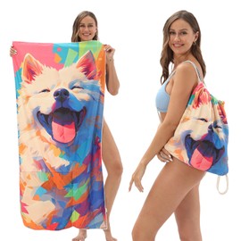 MMGGFQ Beach Towel with Dog Pattern, Quick Dry Sand Free, 140 x 70 cm, 2-in-1 Towel and Storage Bag, Travel Lightweight