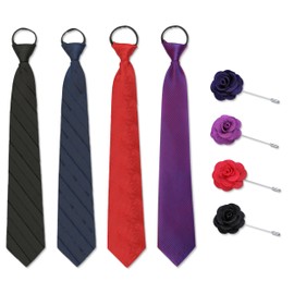 Miinsiinoore Clip on Ties, 4 Pcs Adjustable Zipper Ties and 4 Pcs Rose Brooch Pins, Clip-On Tie Pre-tied Neckties for Business Wedding