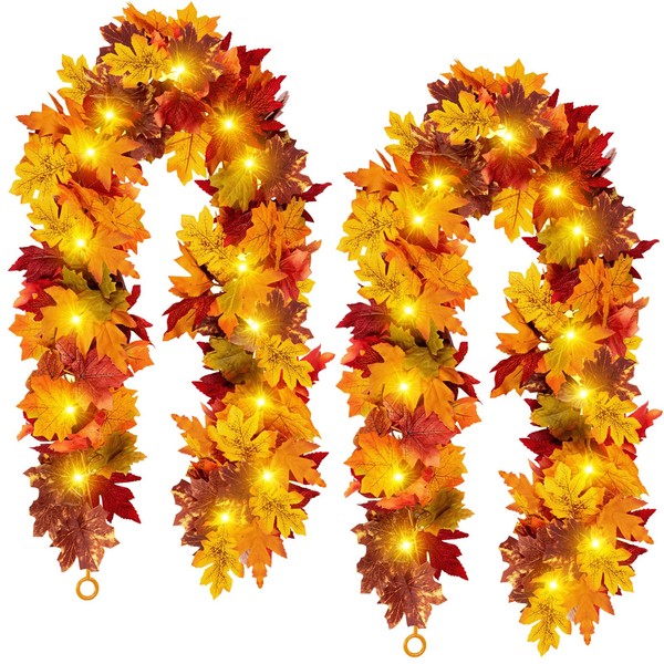 Fall Maple Leaf Garland with Yellow Lights, 2PCS Thanksgiving Artificial