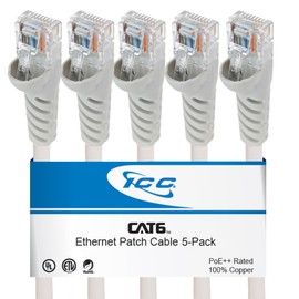 ICC CAT5e Ethernet Patch Cord 25 FT 5-Pack, UTP 24 AWG UL Listed, PoE++, 100% Stranded Copper Snagless Patch Cable for Patch Panel to Network Switch for Data Center, Office, and Home, 25 Feet White
