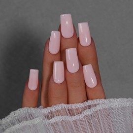 KQueenest Soft Gel Press on Nails Short Long - Sheer Old Pastel Pink Nails for Sticking Long Medium Plain Square Fake Nails with Glue, Nude Pink Coffin False Nails Set for Women, 24 Pieces