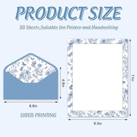 Whaline 30 Pcs Blue Floral Stationery Set with Envelopes Stickers Flower Butterfly Letterhead Letter Writing Paper and Envelopes for Wedding Birthday 