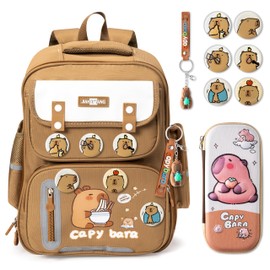 Wood Homing Capybara School Bag with Large Capacity Reflective Strip for Boy Girl Cute Cartoon Animal Backpack with Pencil Case Badge and Keychain Waterproof Multi-Compartment Rucksack for Student Kid
