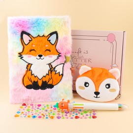 PJDRLLC Fox Diary with Lock, Gift for 8 9 10 Year Old Girl, Secret Diary Journal Notebook with Coin Purse, Multicolored Pen, Stickers, Practical Gift for Birthday Christmas