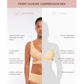 FeelinGirl Post Surgery Bra Front Closure Compression Bra Wirefree Mastectomy Bra with Adjustable Straps Beige