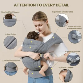 MISSWISDOM Baby Carrier Newborn to Toddler Baby Wrap Carriers(7-30lbs)，Hands Free Baby Sling Carrier with Enhanced Lumbar Support，Ergonomic Design Infant Holder Carrier, Light Grey