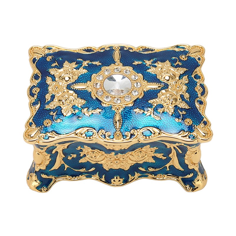 Royalblue Rhinestone Jewelry Box Ring Retro Flower Engraved Earrings Necklace