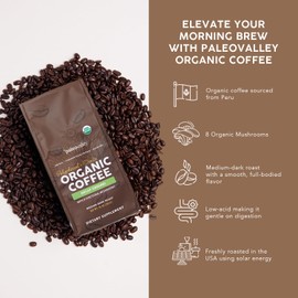 Paleovalley Organic Ground Coffee, 10oz - Decaf, Low Acid, Single-Origin, Polyphenol-Rich, Infused with Mushrooms