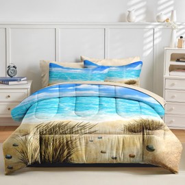 Nesker 5 Pcs Comforter Set Twin Size, Coastal Beach Seascape Scenery Bedding Set for Kids and Adults, Blue Ocean Seaside Seaweed Summer Bed Sheet Sets with Fitted Sheet Pillowcases & Shams