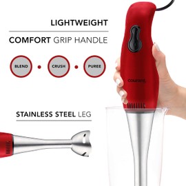Courant 2-Speed Hand Blender w/ 200W, Stainless Steel Leg, Easy to Clean Stick Blender, Blends Purees, Smoothie, Crushes Ice - Red