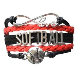 Softball Charm Bracelet (Black/Red) Bracelets, Adjustable Bracelet with Softball Charm. Braided Bracelets for Softball Players, Softball Team, and Coaches - by SPORTYBELLA