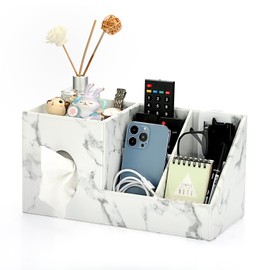 Sumnacon Tissue Box Cover Square PU Tissue Box Organizer,Leather Tissue Box Cover with Storage,Stylish Tissue Box Holder for Bahtroom Living Room Kitchen Dining Table Desk Office, Marble White