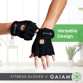 Gaiam Fitness Fingerless Gloves for Weight Training (Black/Black), Padded Palm, Breathable Mesh, Adjustable Velcro Fit & Comfort Grip for Weight Lifting, Workout Gloves for Men & Women