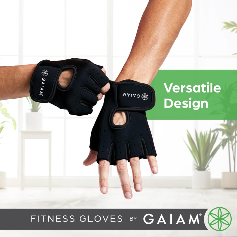 Gaiam Fitness Fingerless Gloves for Weight Training (Black/Black), Padded Palm,