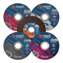 Weiler 56094 4-1/2" Inch Cutting Wheel Assortment, Handles All Metals and Situations, Stainless, Aluminum, Steel, Alloy, for Angle Grinders, Tiger Type 1 Cut-Off Disc Variety Pack of 5