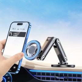 New Alloy Foldable Magnetic Car Phone Holder, Self-Adhesive 360° Rotatable Base, Adjustable Cell Phone Holder for Vehicle Desktop Use, Magnets Phone Mount with 2 Metal Ring for All Mobile Phones
