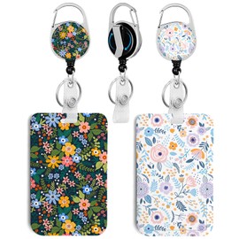 2 Pack Flowers ID Badge Holder with Clip Badge Reels Retractable Heavy Duty,Keychain，ID Holder for School Nurse Office