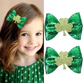 St. Patrick's Day Bow Hair Clips Green Shamrock Hair Bow Clip Irish Lucky Bow Alligator Clips for Girls Women Shiny Glitter Clover Design Barrettes