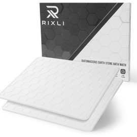 RIXLI Diatomaceous Earth Stone Bathmat | Eco-Friendly XL Stone Bath Mat 18x24 Inch. Instant Dry Bathroom Mat with Sandpaper & Pads. Multiuse, Kitchen Counter & Stone Dog Bowl Mat. (2, White)