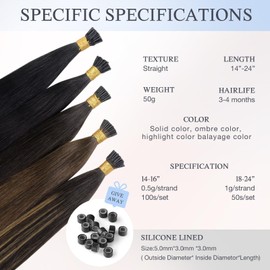 DOORES I Tip Hair Extensions Human Hair, Balayage Natural Black to Chestnut Brown 16 Inch 50g/100s, Itip Extensions Human Hair Cold Fusion Hair Extensions Natural Straight Itip Extensions