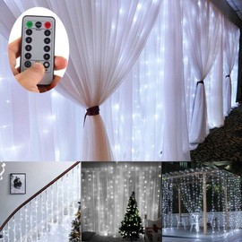 Battery Operated Curtain String Lights, 6.6×6.6ft 200 LED Curtain Icicle Wall Lights with Remote 8 Modes Timer Waterproof for Outdoor Indoor Wedding Backdrops Bedroom (Warm White)
