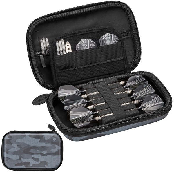 Casemaster Sentinel 6 Dart Case, Holds Extra Accessories, Tips, Shafts and Flights, Compatible with Steel Tip and Soft Tip Darts, Impact & Water Resistant Tactech Shell, Black Camo