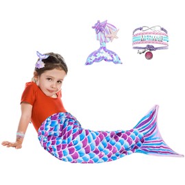 Qooloo Mermaid Tail Blanket - Mermaid Wearable Blanket with Sequins Hairpin Bracelet for Girls Soft Flannel Fleece Sleeping Bag for All Seasons Sleeping Bag Gift 140 cm x 60 cm