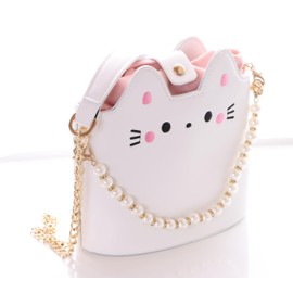 Kawaii-Story LB-6093-1 White Cat Face Embroidered Pearl Necklace Pastel Lolita Women's Bag 15 x 22 x 9 cm PU, White