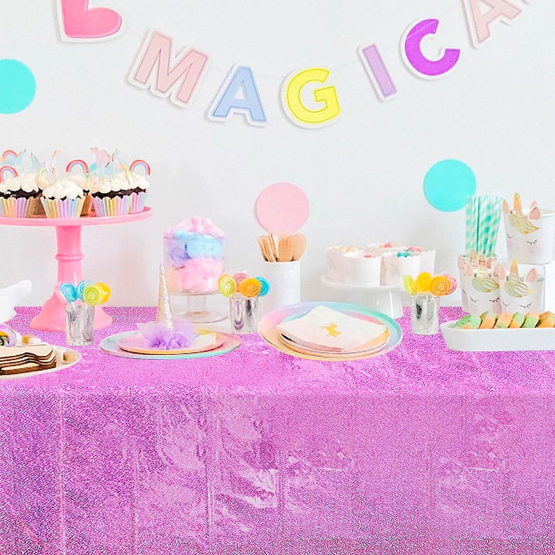 SINGOMON 2PCS Hot Pink Tablecloth Purple Table Cloth Glitter Laser