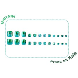 IMRAIN Press on Toenails Square Toe Nail Press ons Green Fake Toe Nails Short Summer Nail Tips Full Cover Glossy Glue on Nails 24Pcs Stick on Acrylic Nails
