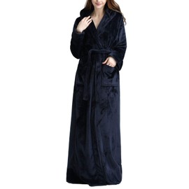 Flygo Women's Long Robe with Hood Soft Warm Full Length Sleepwear Luxurious Plush Fleece Winter Ladies Robes (Large, Navy)