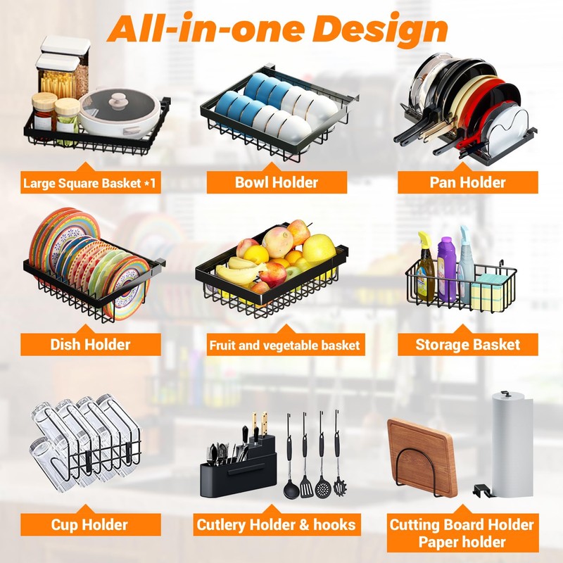 ADBIU Over Sink Dish Drying Rack (Expandable Height/Length) Snap-On Design