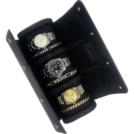 HYNDMAN&CO ALCANTARA® TIMELESS QUALITY, TRAVEL, THREE SPACE-Leather Watch Roll Case, ROLL, WATCH, BOX Travel Display, Removable Pillows & Solid Dividers,Travel Case for Men and Women Organizer-Secure