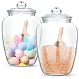 SiliFine 2 Sets 74 oz Bath Salt Container with Airtight Lid and Scoop Big Glass Jar with Wooden Scoop for Bath Flour Salt Candy Tea(Clear)