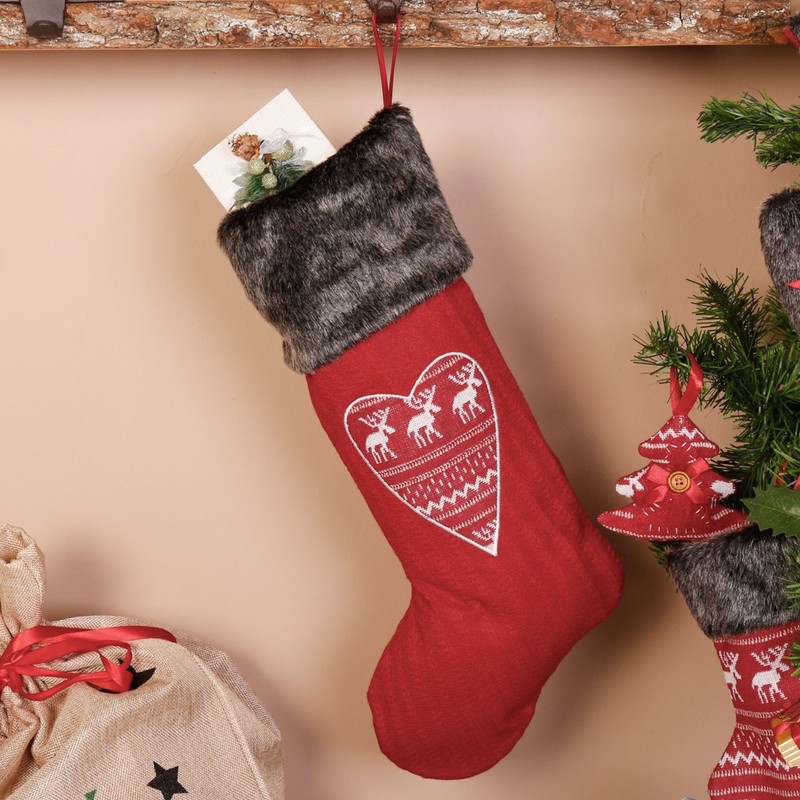 Dibor Large Red Knit Festive Novelty Nordic Heart Christmas Stocking