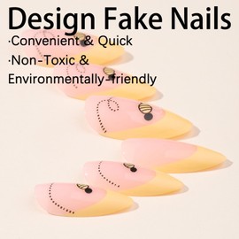 Vopintpy Cute Bee Press on Nails Medium Almond Fake Nails Yellow French Tip Acrylic Nails Glossy Full Cover Glue on Nails Reusable Artificial Stick on Nails for Women DIY Manicure Decoration