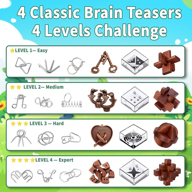 TAHAVICE 24 PCS Brain Teaser Puzzles Set, Wooden & Metal