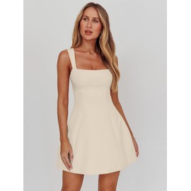 DAAWENXI Women's Casual Square Neck Sleeveless Tank Top Flare Mini Dress A Line Party Club Dresses Beige