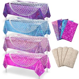 Unittype 8 Pcs Fish Net Decorative and Tablecloth Set, Cotton Fishnet and Plastic Table Cover Decorations Set for Nautical Themed Party Baby Shower Pirate Decorations Mermaid Party (Laser Colors)