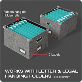 Pendaflex Collapsible File Box with Lid, Includes File Frame for Letter and Legal Hanging File Folders, Metal Handles, Labels, Heather Gray (41790)