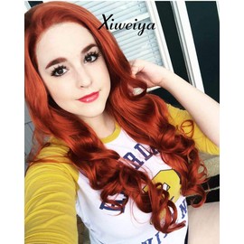 Xiweiya Long Auburn Lace Front Wig Cooper Red Body Wave Synthetic Lace Front Wigs Heat Resistant Fiber Natural Hairline Orange Red Wig 24 inch