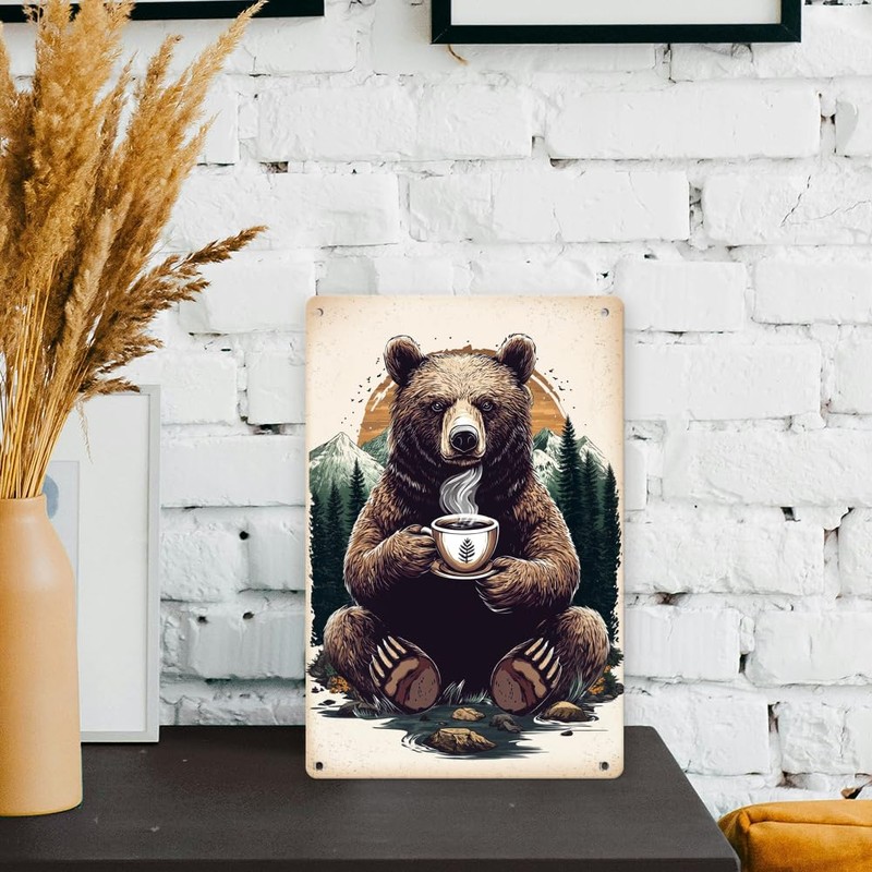 DOODLREAM Wall Decoration Rustic Bear Drinking Coffee Tin Sign Retro