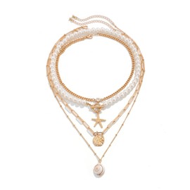 AOWVUTS Necklace for Women, Boho Ocean Style Layered Necklace Pearl Shell Starfish Pendant Beach Chain Necklace Jewellery Summer Accessories for Women (3)