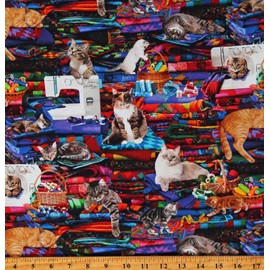 Timeless Treasures Cotton Cats on Quilts Sewing Machines Seamstress Fabric Print by Yard D579.89