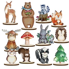 Wooden Forest Animals Decorative Ornaments, Pack of 12 Wooden Table Decorations with Wooden Base, Cute Forest Animals Ornaments, Cake Decoration Jungle, Table Toppers for Forest Camp for Children's Birthday Decoration