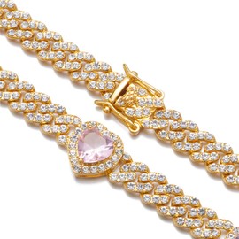 Apzzic 9mm Miami Prong Cuban Link Chain Iced Out Paved Heart Shape Rhinestones CZ Bling Rapper Necklace For Women Gold 16inch Pink
