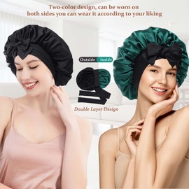 Ufgin 100% Mulberry Silk Bonnet for Sleeping Women Double Layer Silk Hair Bonnet Natural Silk Sleep Cap with Elastic Reversible Hair Wrap (Black+Green)