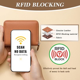 FREYAMIRA Womens Genuine Leather Zipper Credit Card Holder RFID Blocking Small Accordion Wallet with Coin Pouch,Brown