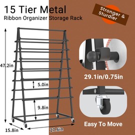 Tredre Ribbon Organizer Storage Rack, 15 Tier Metal Holder for Craft Room & Gift Wrapping – Double-Sided Vinyl Roll Display, Ideal for Ribbon, Scarves, Ties, Belts & Towels (Black)